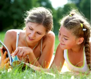 mom and daughter reading