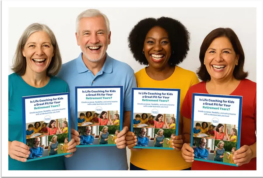 4 retirees holding Retirement Guide about becoming a life coach for kids