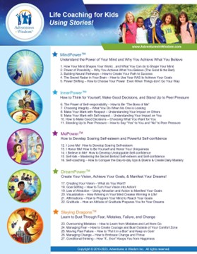 27 mindset and life skills taught through Adventures in Wisdom life coaching for kids curriculum